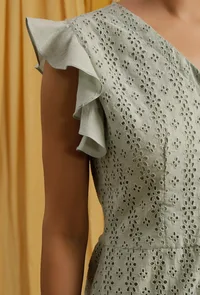 Pista Green Cotton Schiffli Front Buttoned Skater Dress image 6