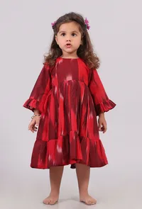 Red Maroon Ikat Flared Dress image 1