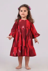 Red Maroon Ikat Flared Dress image 3