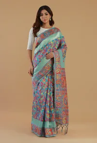 Blue Kani Weave Silk Wool Saree with Unstitched Blouse image 1