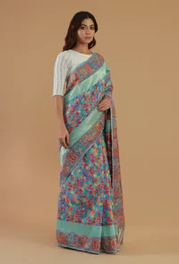 Blue Kani Weave Silk Wool Saree with Unstitched Blouse image 2