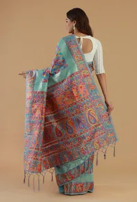 Blue Kani Weave Silk Wool Saree with Unstitched Blouse image 5