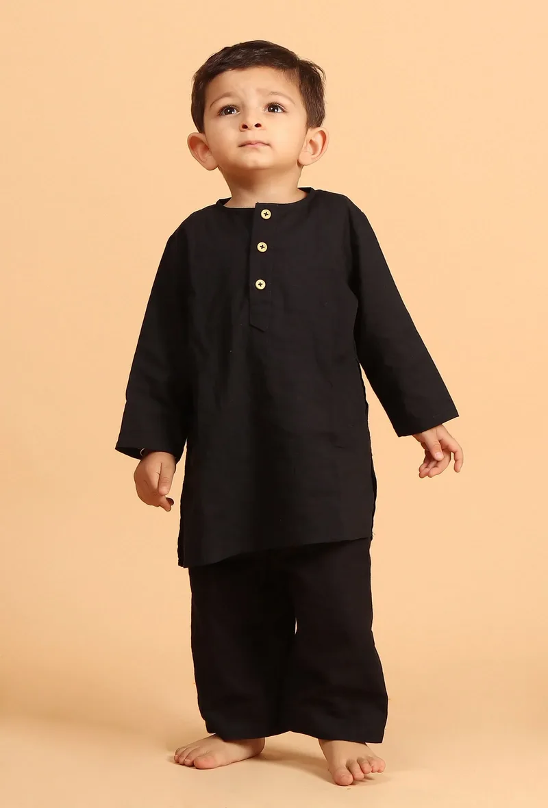 Set Of 2: Sahar Black Cotton Kurta & Pyjama