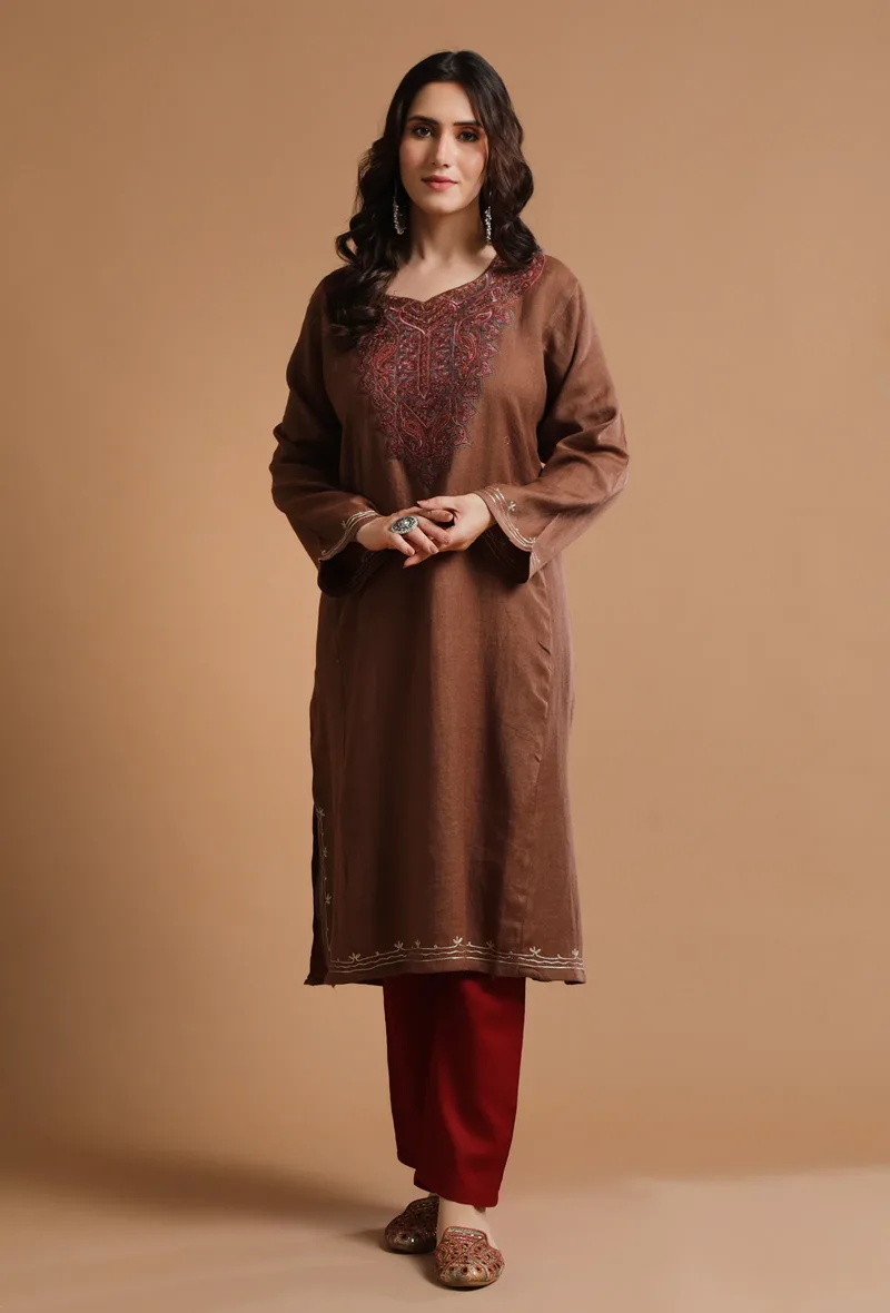 Sanguine Brown Kashmiri Sozni Embroidery Phiran-Free Size