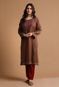 Sanguine Brown Kashmiri Sozni Embroidery Phiran-Free Size image 1