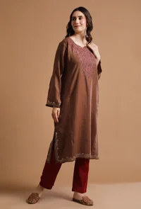 Sanguine Brown Kashmiri Sozni Embroidery Phiran-Free Size image 2