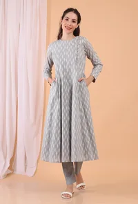 Set Of 2: Cadet Grey Cotton Woven Kalidar Dress With Narrow Pants image 1