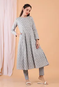 Set Of 2: Cadet Grey Cotton Woven Kalidar Dress With Narrow Pants image 4