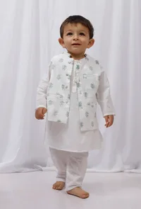 Set of 3: White striped Cotton Kurta and Pajama with Green Striped Nehru Jacket image 1