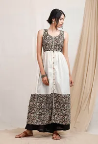 Set of 2: Off white Block printed kurta and plain black pallazos image 1