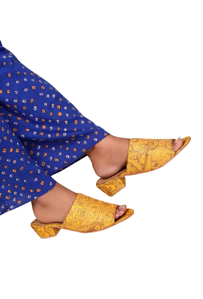 Mustard Yellow Brocade Block Heels