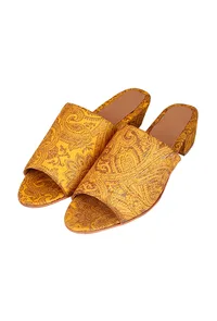 Mustard Yellow Brocade Block Heels image 2
