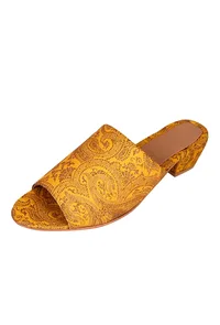 Mustard Yellow Brocade Block Heels image 3