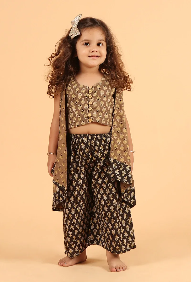 Set Of 3: Nami Khaki Ajrakh Print Cotton Top, Black Flared Pant & Cape