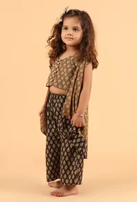 Set Of 3: Nami Khaki Ajrakh Print Cotton Top, Black Flared Pant & Cape image 2
