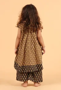 Set Of 3: Nami Khaki Ajrakh Print Cotton Top, Black Flared Pant & Cape image 3