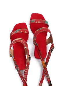 Scarlet Red Kalamkari Tie Up Heels image 2