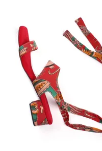 Scarlet Red Kalamkari Tie Up Heels image 5