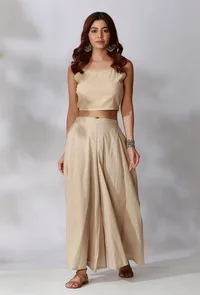 Set Of 2- Beige Cotton Slub Crop Top with Beige Cotton Slub Flared Pants image 1