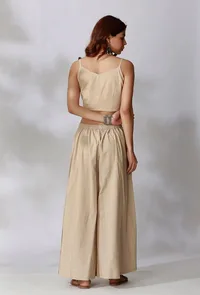 Set Of 2- Beige Cotton Slub Crop Top with Beige Cotton Slub Flared Pants image 4