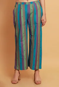 Set of 2:  Blue  Multicolor Flared Sleeveless Kurta with Multicolor Stripe Woven Straight Pants image 5