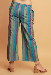 Set of 2:  Blue  Multicolor Flared Sleeveless Kurta with Multicolor Stripe Woven Straight Pants image 6