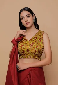 Yellow Printed Mashru Sleevless Blouse image 1