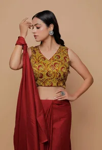 Yellow Printed Mashru Sleevless Blouse image 2