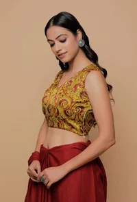 Yellow Printed Mashru Sleevless Blouse image 3