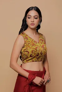 Yellow Printed Mashru Sleevless Blouse image 4