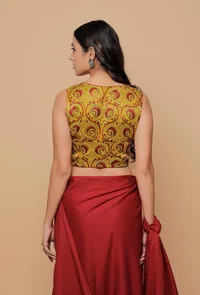 Yellow Printed Mashru Sleevless Blouse image 5