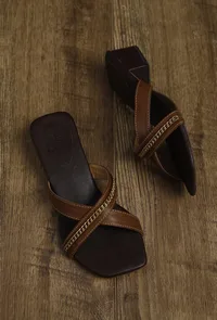 Tan Brown Criss Cross Cruelty-Free Leather Heels image 2