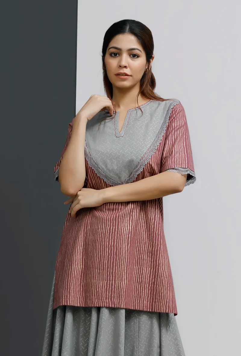Plum-Grey Hand-Block Printed Short Kurti