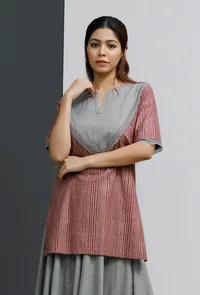 Plum-Grey Hand-Block Printed Short Kurti image 1