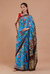 Blue & Brown Digital Print Modal Silk Saree image 1
