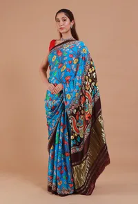 Blue & Brown Digital Print Modal Silk Saree image 2