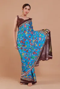Blue & Brown Digital Print Modal Silk Saree image 3
