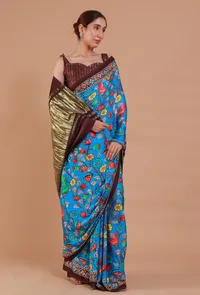 Blue & Brown Digital Print Modal Silk Saree image 4