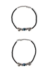 Pair of German Silver Anklets with Lion Charm, Evil Eye, and Black Beads image 1