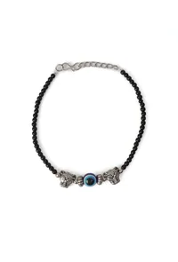 Pair of German Silver Anklets with Lion Charm, Evil Eye, and Black Beads image 2