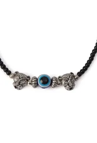 Pair of German Silver Anklets with Lion Charm, Evil Eye, and Black Beads image 3