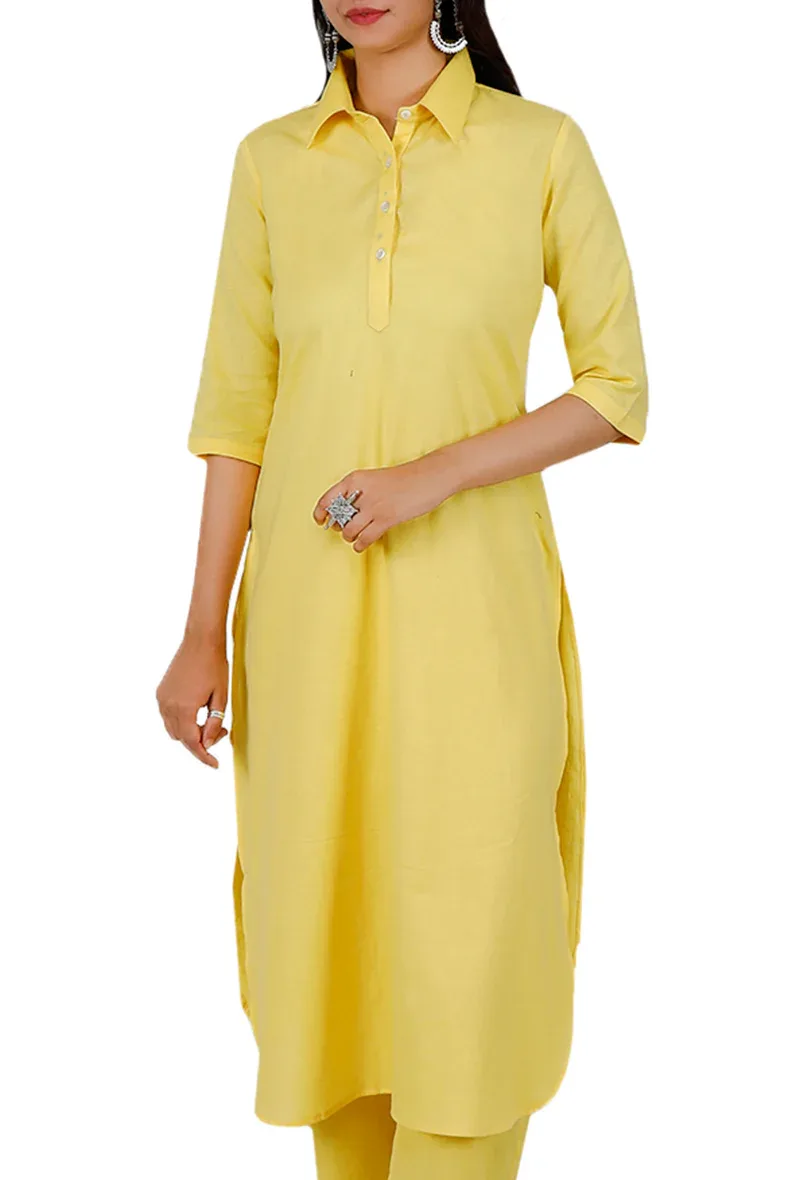 Yellow Pure Cotton Pathani Kurta