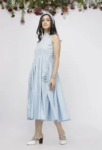 Blue Plain Cotton Tasseled Anarkali image 2