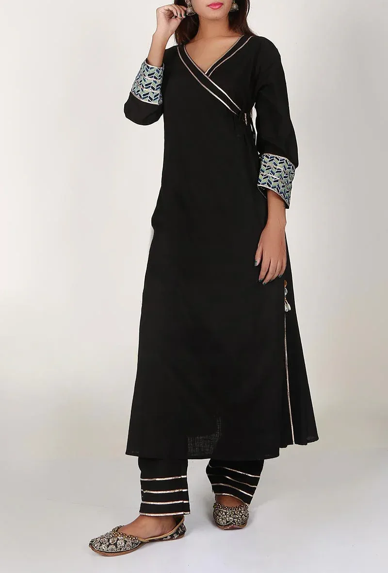 Set of 2 - Black Ajrakh Print Handloom Cotton Angrakha And Palazzo Set