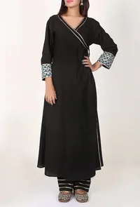 Set of 2 - Black Ajrakh Print Handloom Cotton Angrakha And Palazzo Set image 2