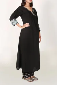 Set of 2 - Black Ajrakh Print Handloom Cotton Angrakha And Palazzo Set image 3