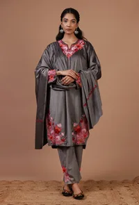 Smokey Grey Velvet Ari Embroidered Kurta, Pant And Dupatta Set- Free Size image 1