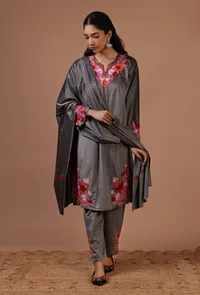 Smokey Grey Velvet Ari Embroidered Kurta, Pant And Dupatta Set- Free Size image 2
