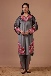 Smokey Grey Velvet Ari Embroidered Kurta, Pant And Dupatta Set- Free Size image 3