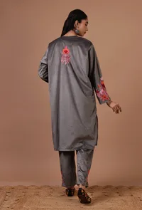 Smokey Grey Velvet Ari Embroidered Kurta, Pant And Dupatta Set- Free Size image 4